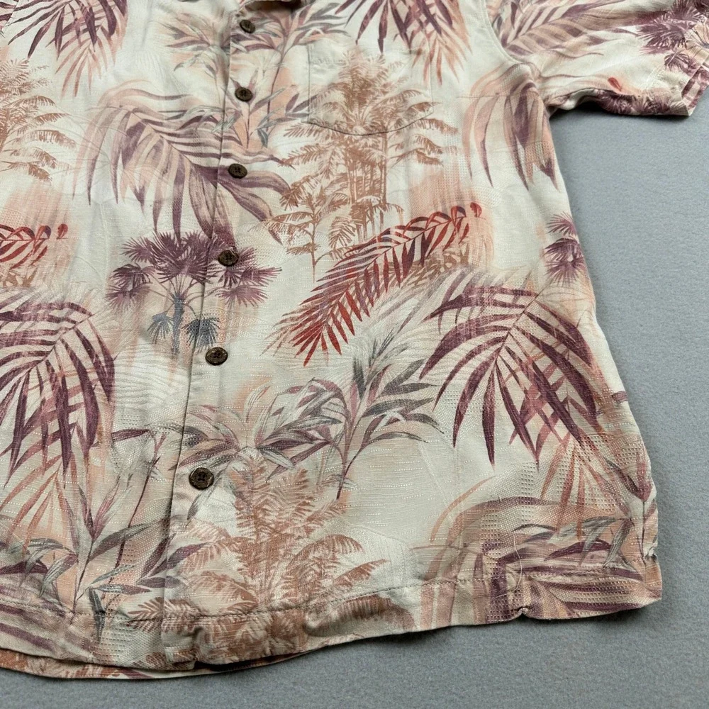 Tommy Bahama Silk Shirt Mens Medium Tan Palm Print Tropical Camp Aloha Button Up